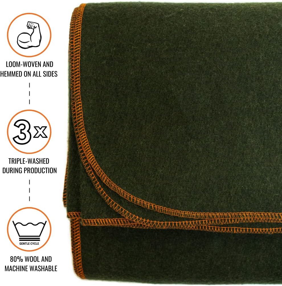 Arcturus Military Wool Blanket - Warm, Thick, Washable - Great for Outdoors, Camping, Stadium Blanket, Picnics, Travel - Car & Bushcraft Survival Kits, Large 64in x 88in 4.5 lb - Olive Green