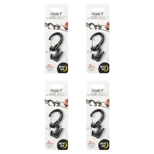 Nite Ize Figure 9 Carabiner Rope Tightener - Heavy-Duty Carabiner Clip - Cord & Rope Tightener with Wire Gate - Carabiner Camping Accessories & Tent Essentials - Small, Black (4 Pack)
