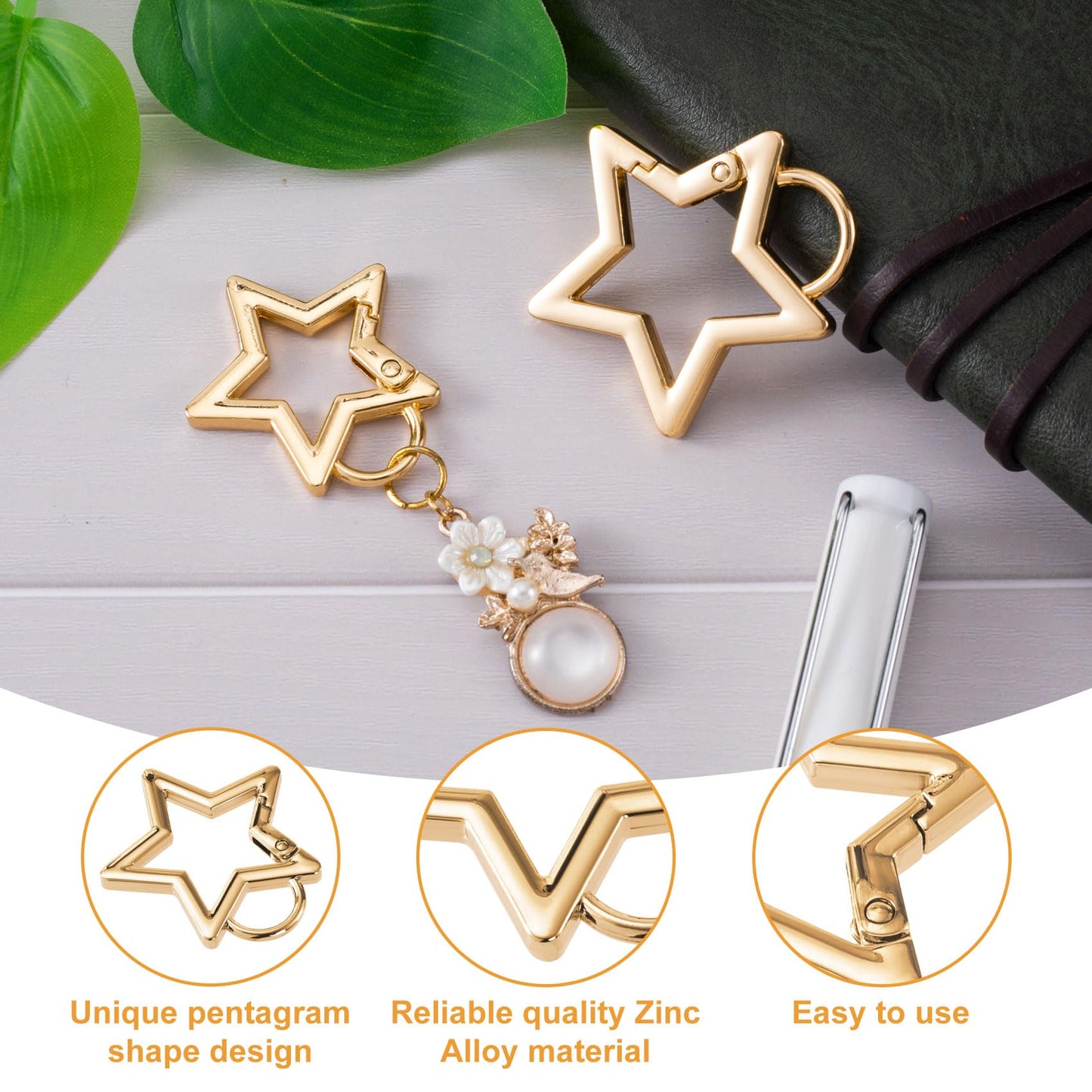 Isslly 2 PCS Star Carabiners, Zinc Alloy Heavy Duty Star Shaped Keychain Clip with 2 Sizes, Carabiner Clip for Camping, Hiking, Fishing - Light Gold