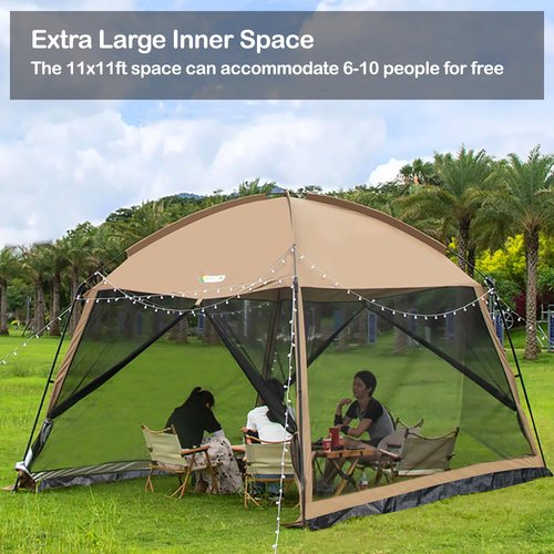 Screen House 11 x 11 Ft Screened Mesh Net Wall Canopy Tent Screen Shelter Gazebos for Patios Outdoor Camping Activities with Oneside Cover- Beige