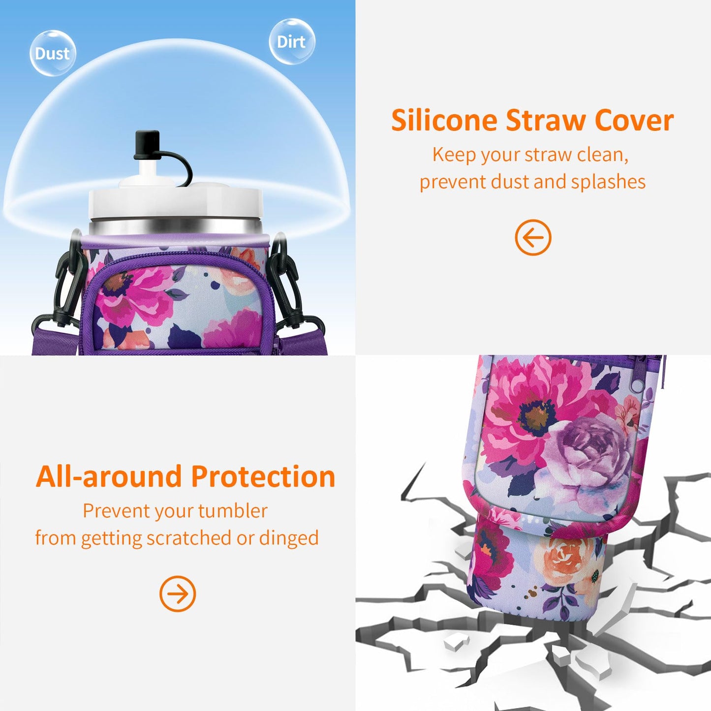 AceTreker 40 oz Stanley Tumbler Sleeve Bag with Paracord Handle & Straw Cap, Neoprene Vacuum Insulated Travel Mug Carrier Pouch with 2 Pockets & Shoulder Strap for Car Home Work-Purple Rose