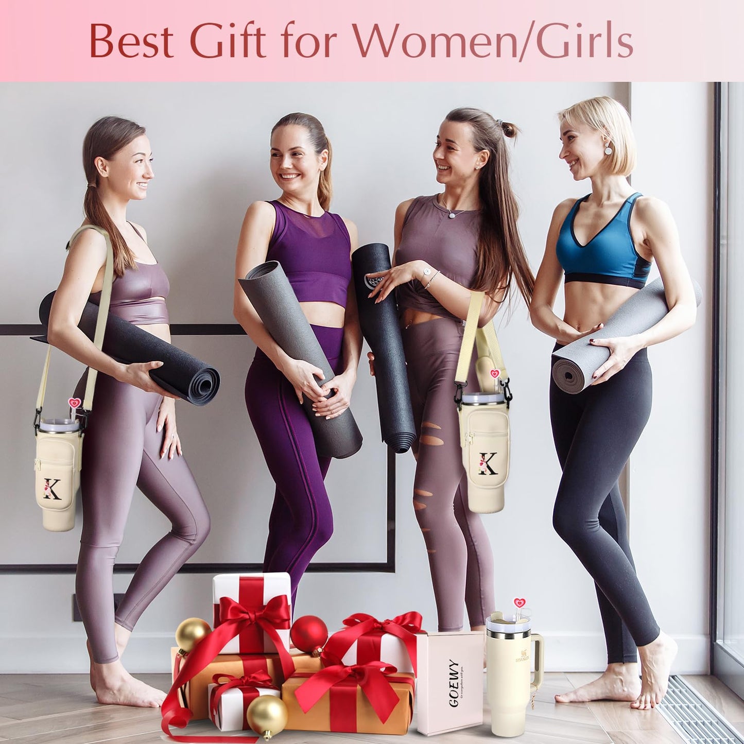 GOEWY Water Bottle Carrier Bag for Stanley 30 oz Tumbler with Handle Neoprene Water Bottle Holder Pouch Stanley Cup Accessories Gift Set with 1 Straw Cover & 1 Letter Charm B