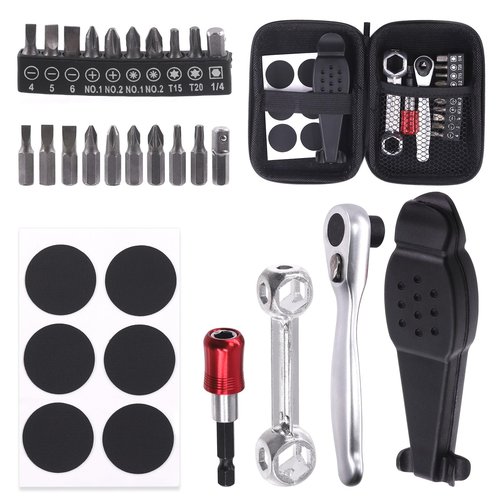 Rustark 21Pcs Bike Repair Tool Kit - Bicycle Multi-Function Tool Set with Ratchet, Bone Wrench, Tire Patches, Tire Levers, Magnetic Bit Extender, Screw Head Bits for Repair Maintenance