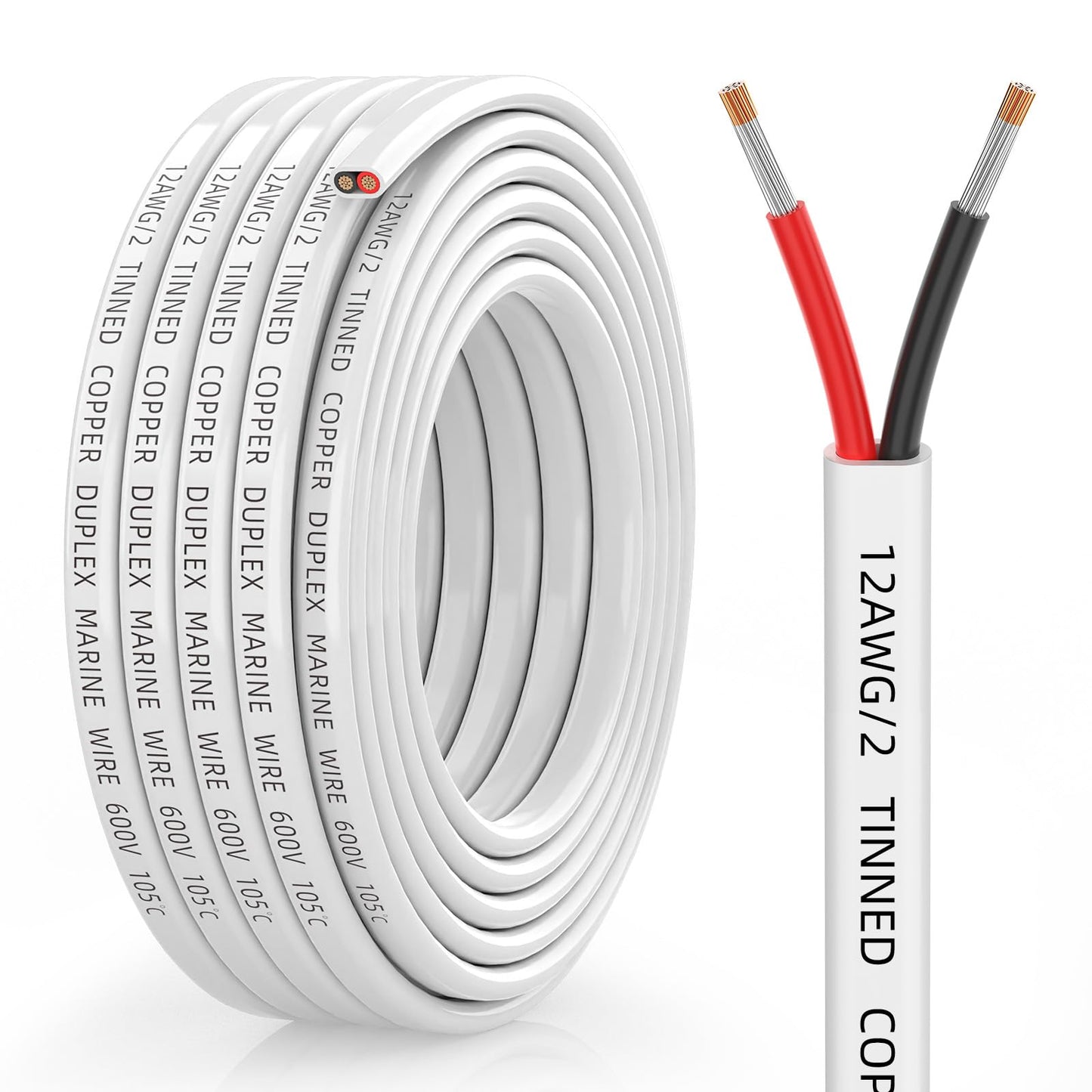 CONEPY 12 Gauge Marine Wire, 12/2 Duplex Marine Grade Cable, IP68 Waterproof/Oxygen-Free Tinned Copper Stranded PVC 12 AWG Wire for Boat, Automotive, RV, Solar, LED Strips (15FT)