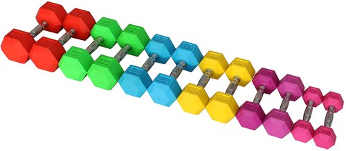 Signature Fitness Colored Rubber Encased Hex Dumbbell, Set Including 5, 10, 15, 20, 25, 30LB Pairs