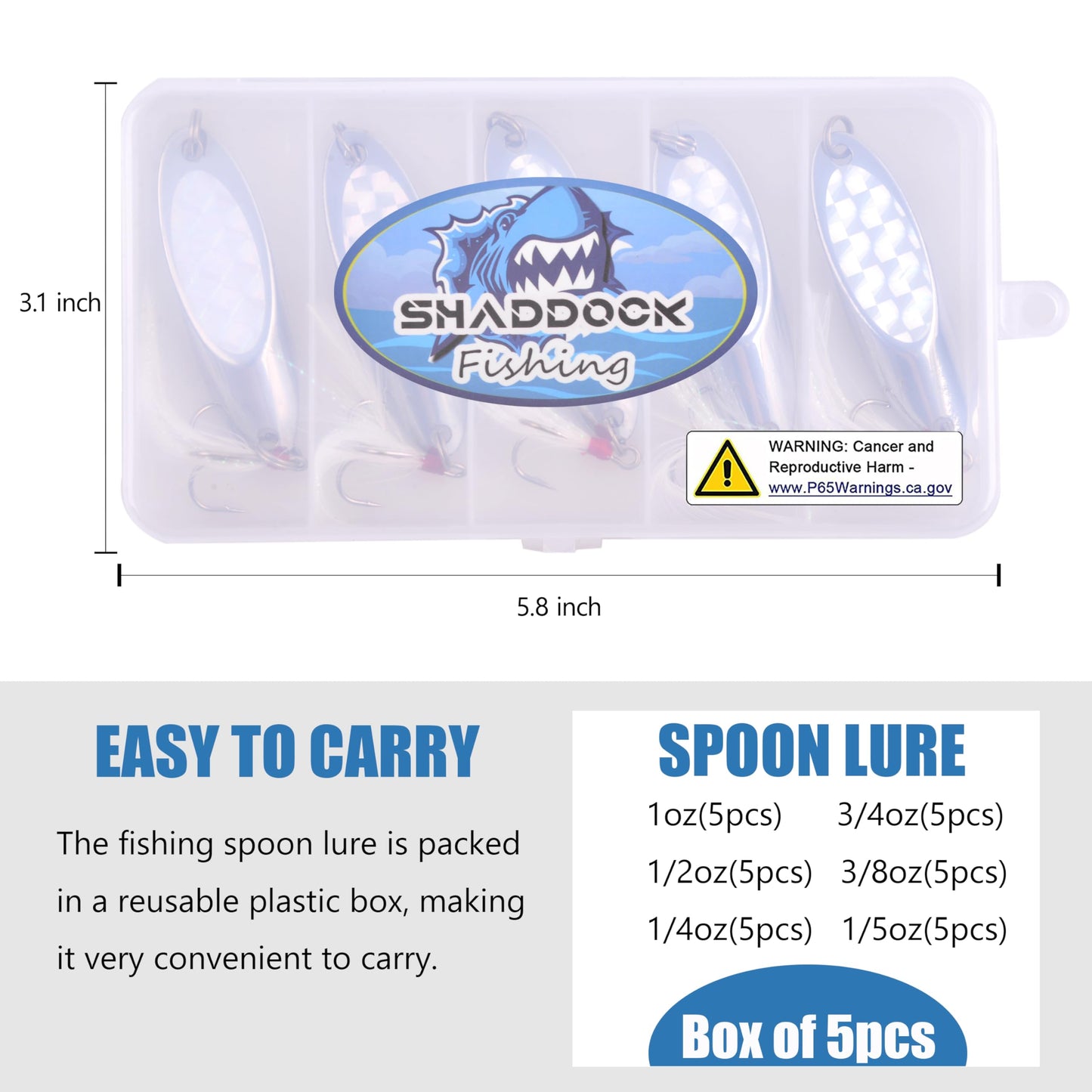 5 Pcs Fishing Spoon Lures Kit - Casting Master Spoon Metal Jig Trout Lures for Saltwater Freshwater, Reflective Spoons Bait with Treble Hooks Fishing Tackle 1/5 OZ - 1 OZ (1 OZ)