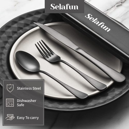 Selafun 18/8 Travel Cutlery Set with Case Portable Silverware Utensils Set,4-pieces Stainless Steel Reusable Flatware Set Cutlery Set for Camping Picnic Hiking Office, Dishwasher Safe