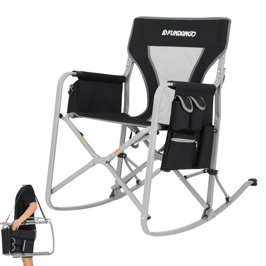 FUNDANGO Rocking Camping Chair，Portable Foldable Camping Chair, Oversized Camp Chair with Padded Back and seat, Cooler Bag for Adults Outdoor Travel