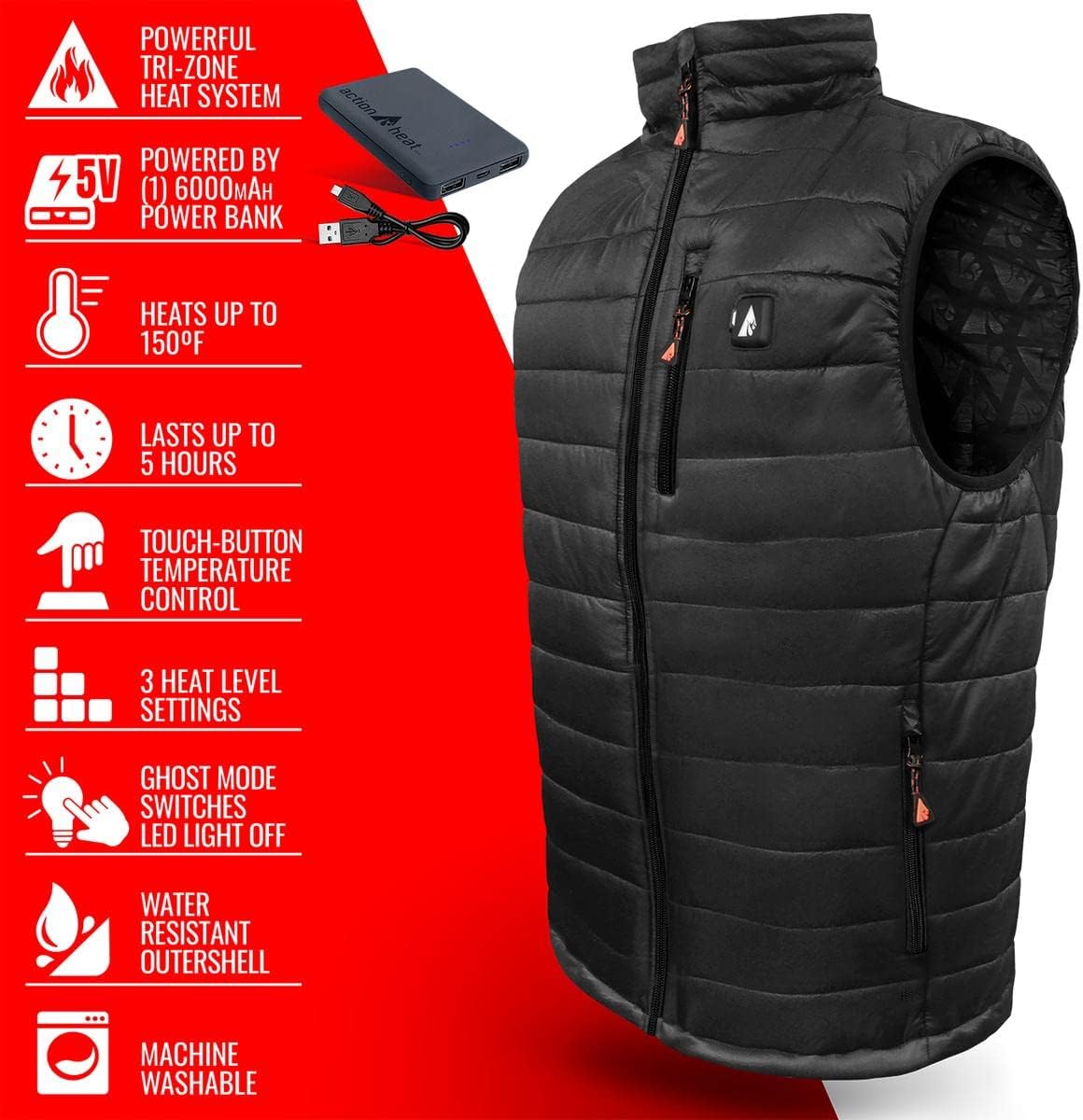 ActionHeat 5V Battery Heated Insulated Puffer Vest for Men – Heat Clothing, Tri-Zone Heating System Winter Outdoor