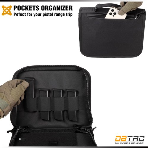 DBTAC Square Pistol Rug Bag | Stiffen Tactical 1x Handgun Firearm Shooting Padded Case with Removable & Reflective Patch (Black, 7" x 6" Small Pistol Case)