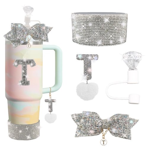 XIANGYUAN Stanley Accessory Set Includes 10mm Straw Cover,Bow Cup Decoration,Personalized Stickers for Water Bottle and Other Accessories,Suitable for 30and40oz Stanley Cup(White T)