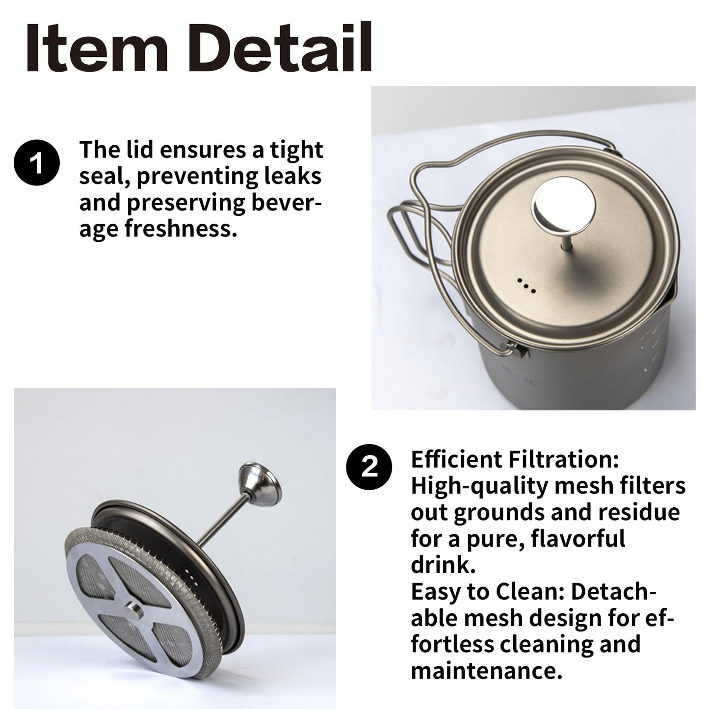 COMTAI Titanium French Press Pot 750mL/25 fl oz Coffee Maker Camping with Lid and Filter Titanium French Press Cup Backpacking for Outdoor Hiking Camp