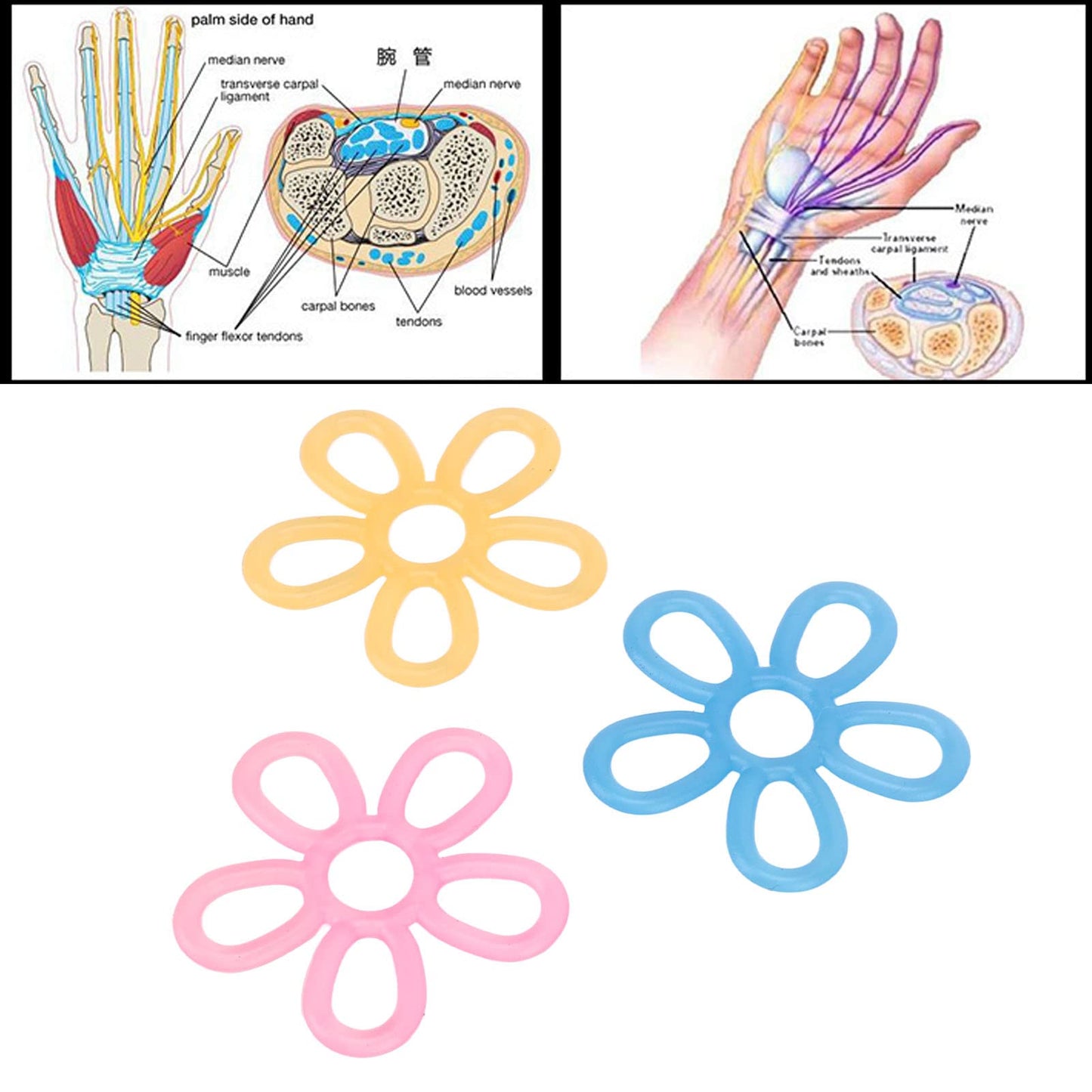 3pcs Hand Grip Strengthener Flower Shape Hand Extensor Exerciser Finger 3 Level Stretcher Hand Resistance Bands for 5/4/3kg Wrist Joint Training