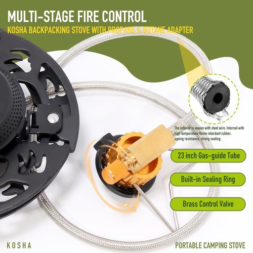 KOSHA Portable Camping Gas Stove, 12,970 BTUs Backpacking Stove with Piezo Ignition, Windproof Mini Camp Stove with Propane & Butane Adapter, Foldable Camp Equipment with Bag for Cooking