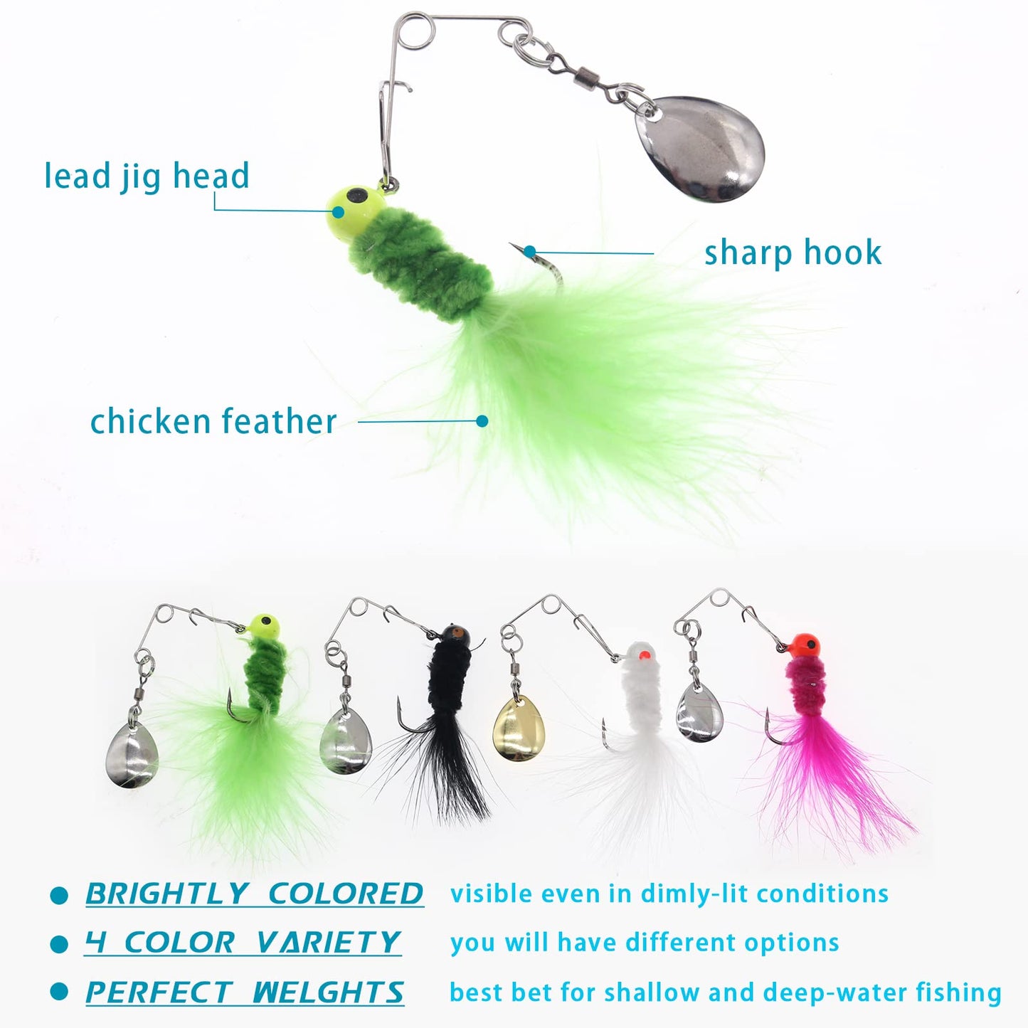 FishingPepo 20 Pcs Fishing Jig Marabou 1/8oz Feather Crappie Jig Heads with Spinner Blades Baits jiging Lures Lead Head Fishing Jig Hooks for Walleye Bass Fishing Accessories