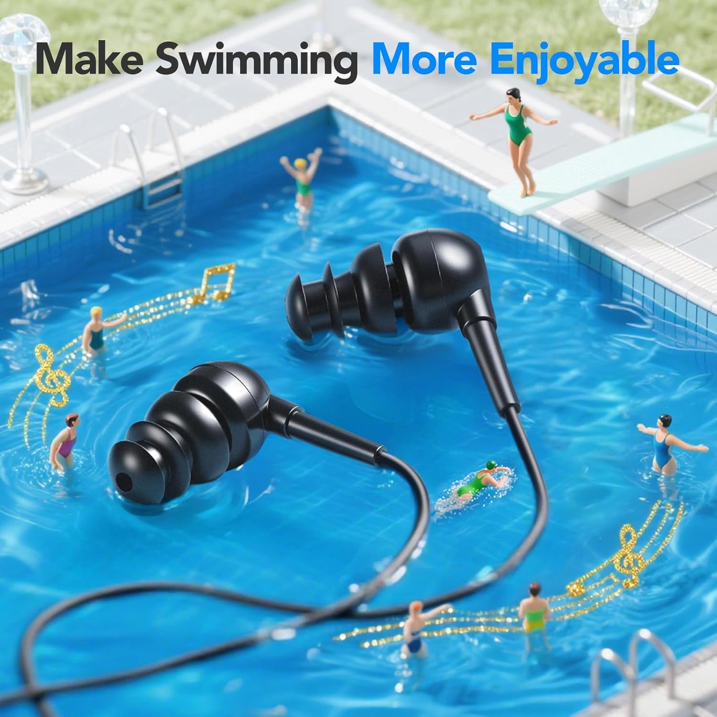 AGPTEK IPX8 Waterproof in-Ear Earphones, Coiled Cable Swimming Earbuds with Stereo Audio Extension Cable, Wired,Black