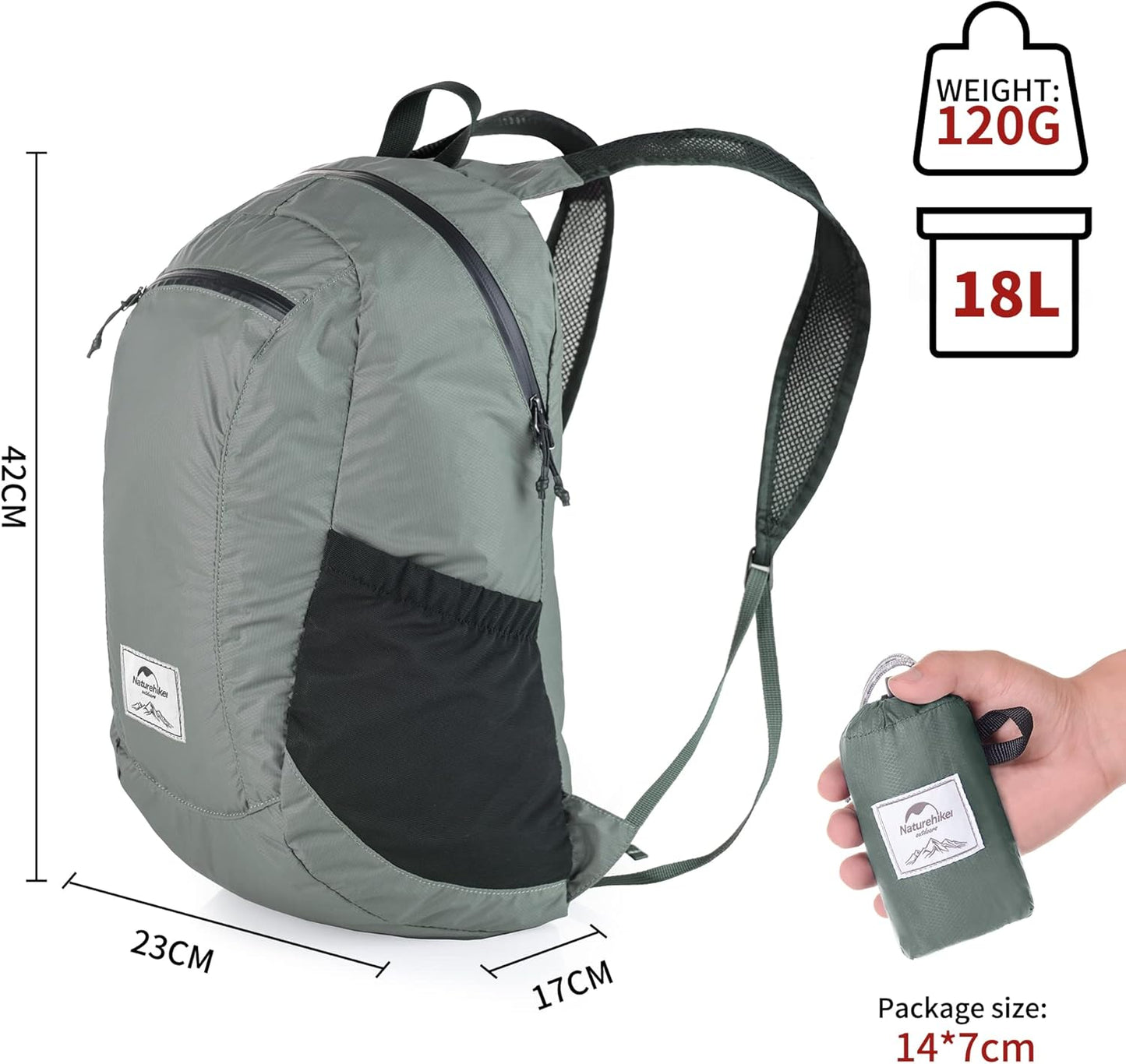 Naturehike 18L Lightweight Hiking Backpack, Waterproof Camping Packable Backpack Ultralight for Travel, Airplane, Small Hiking Daypack for Adults, Black