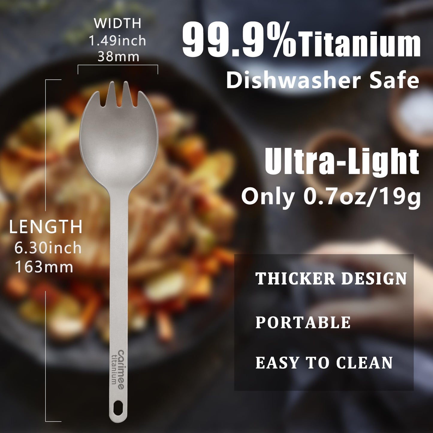 Carimee Pure Titanium Camping Spork, Ultra-Light Eco-Friendly Portable Reusable Flatware for Outdoor Camping Backpacking Hiking Travel Picnic Tableware, 6.3", 0.64oz