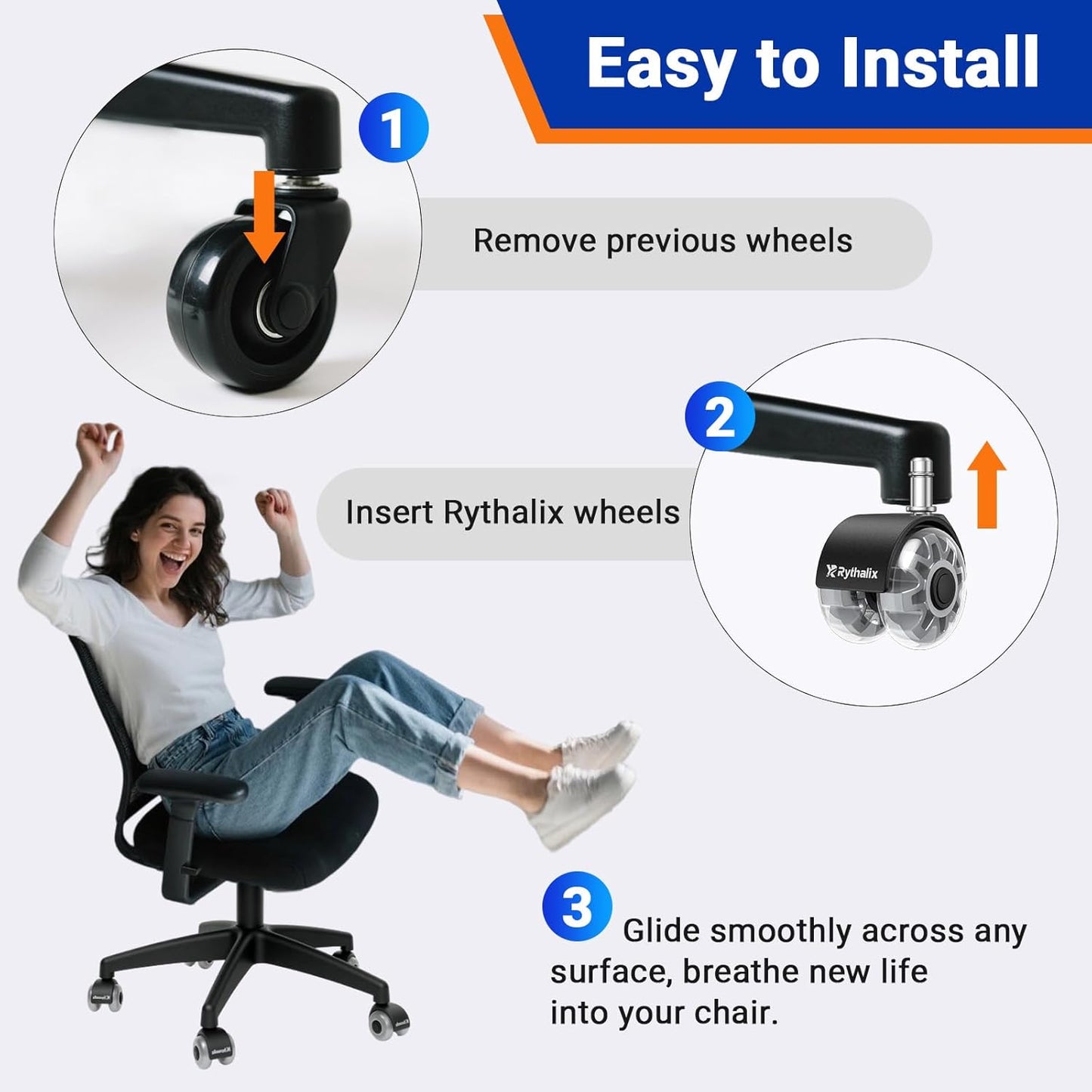 3" Office Chair Wheels Set of 5 - Desk Chair Caster Wheels, Smooth & Quiet, Universal Fit for Most Office/Desk/Gaming Chairs, Safe on Carpets & Hardwood Floors
