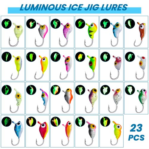 Goture 50pcs Ice Fishing Jigs Kit, Winter Ice Fishing Lures for Panfish, Pike, Trout, Walleye, Crappie, Ice Fishing Tackle with Black Nickel Carbon Steel Hooks in Ice Fishing Lures Box Color A&B