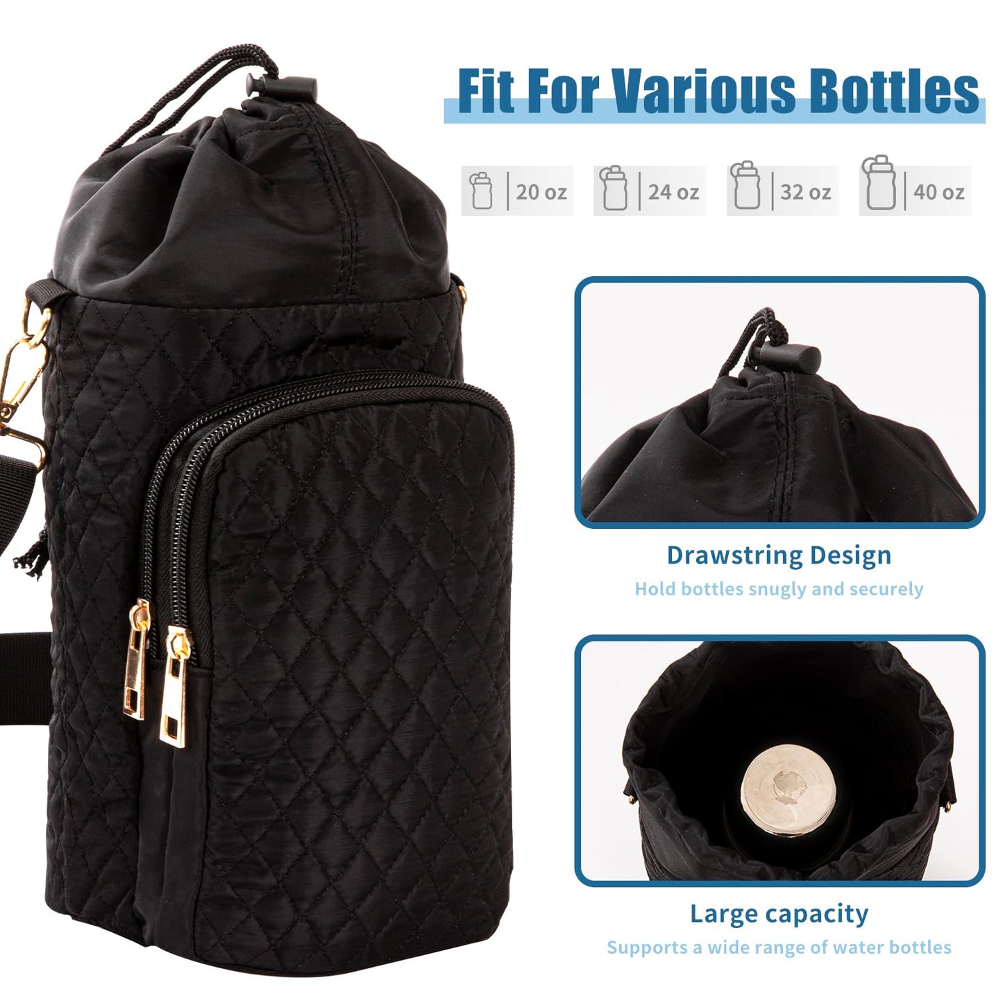 AGX Bravo Water Bottle Bag 32/40oz Sports Water Bottle Holder with Strip Water Bottle Sling Crossbody Carrier Bag with Adjustable Shoulder Strap Pockets for Men/Women Walking Hiking (Quilted Black)