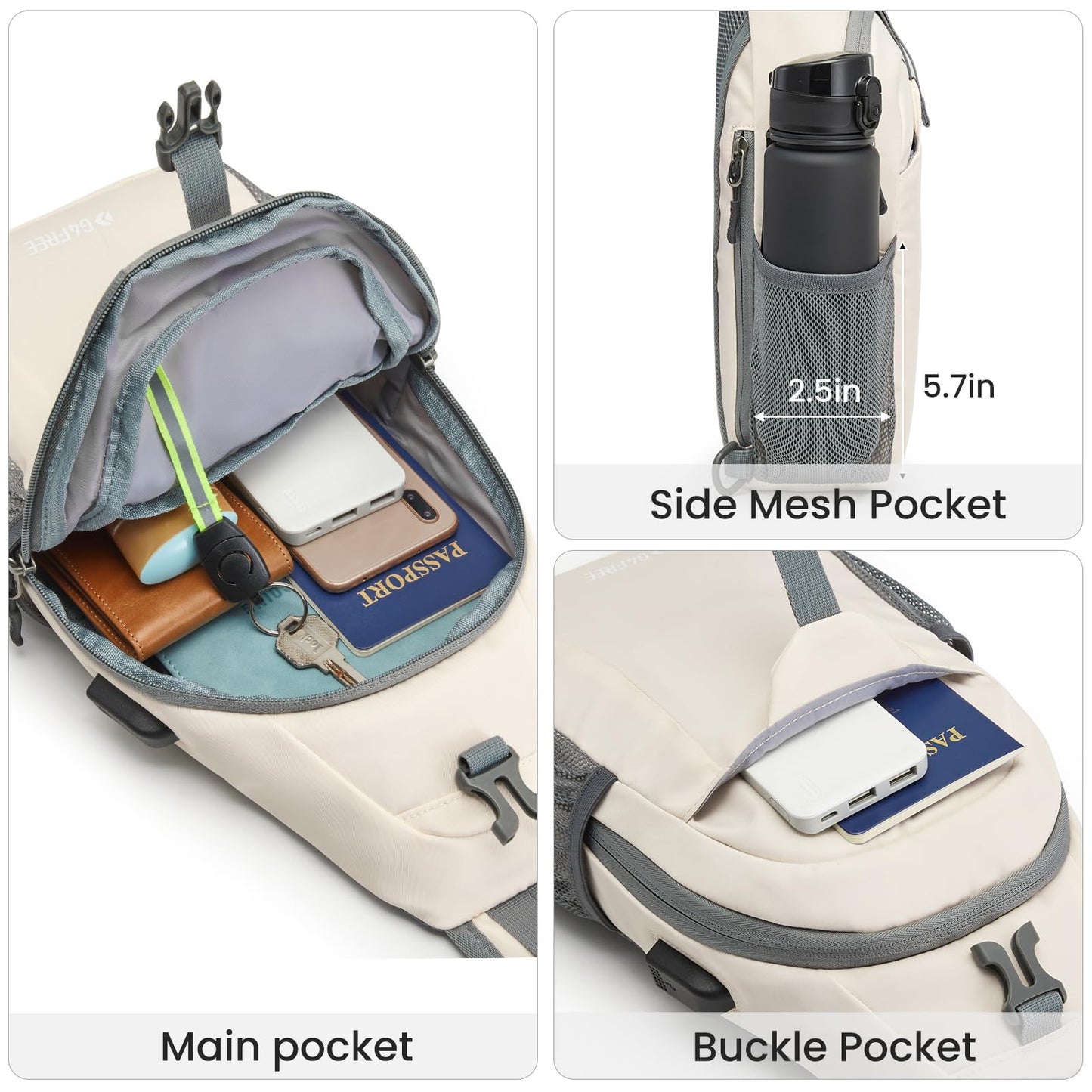 G4Free Sling Bag RFID Crossbody Sling Backpack with USB Charging Port, Travel Hiking Daypack Shoulder Chest Bag for Women Men(Ivory)