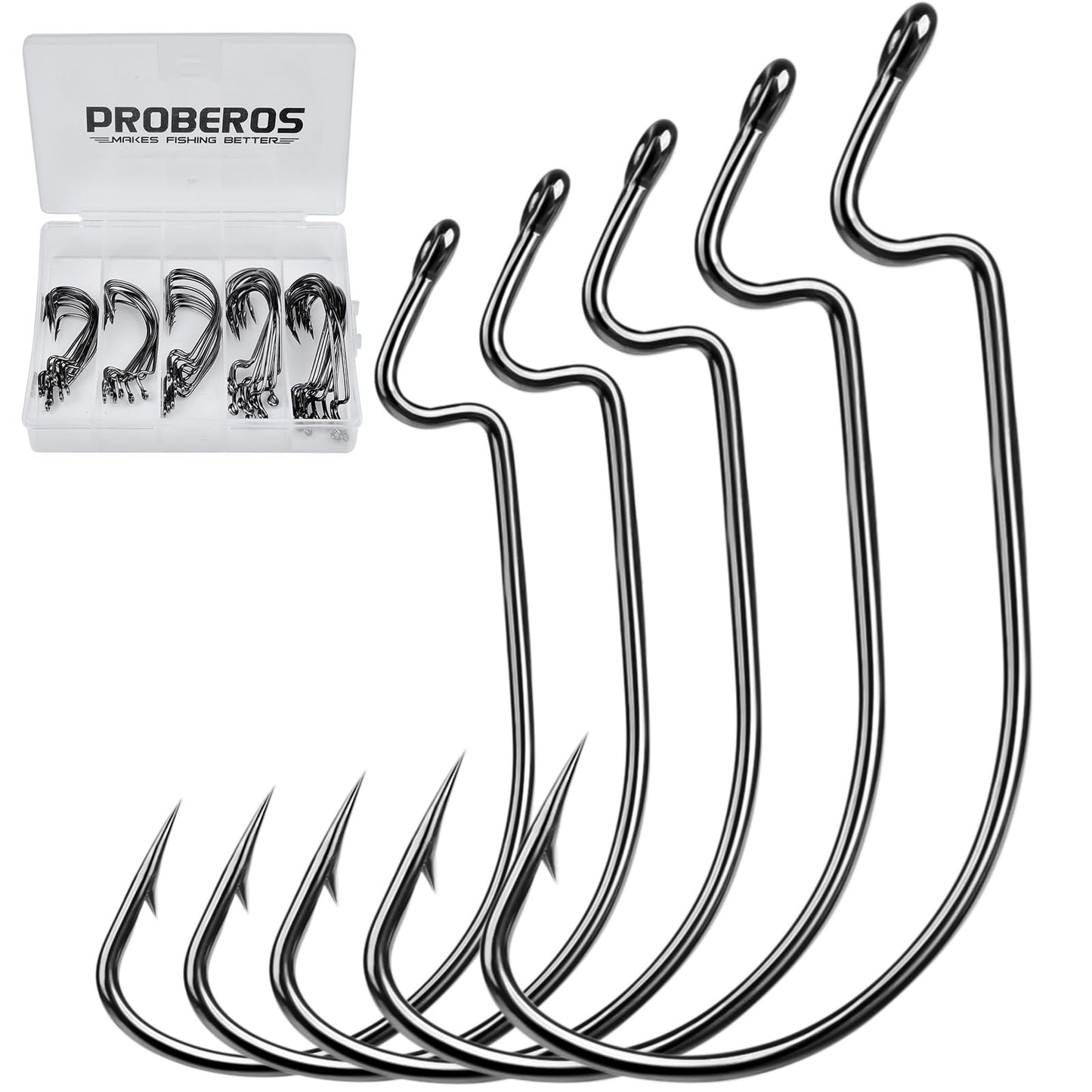 Fishing Hooks for Bass Fishing - 50pcs EWG Offset Worm Hook Texas Rig Hooks for Freshwater Saltwater Size 1/0 2/0 3/0 4/0 5/0 - Soft Lures Worms Plastics Bait Fishing Hook with Tackle Box