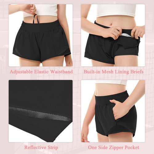 DOCUMO Girls Athletic Shorts with Liner Lightweight Running Shorts for Teen Girls Kids Quick Dry Sports Active Short with Zipper Pocket (Black, Large)