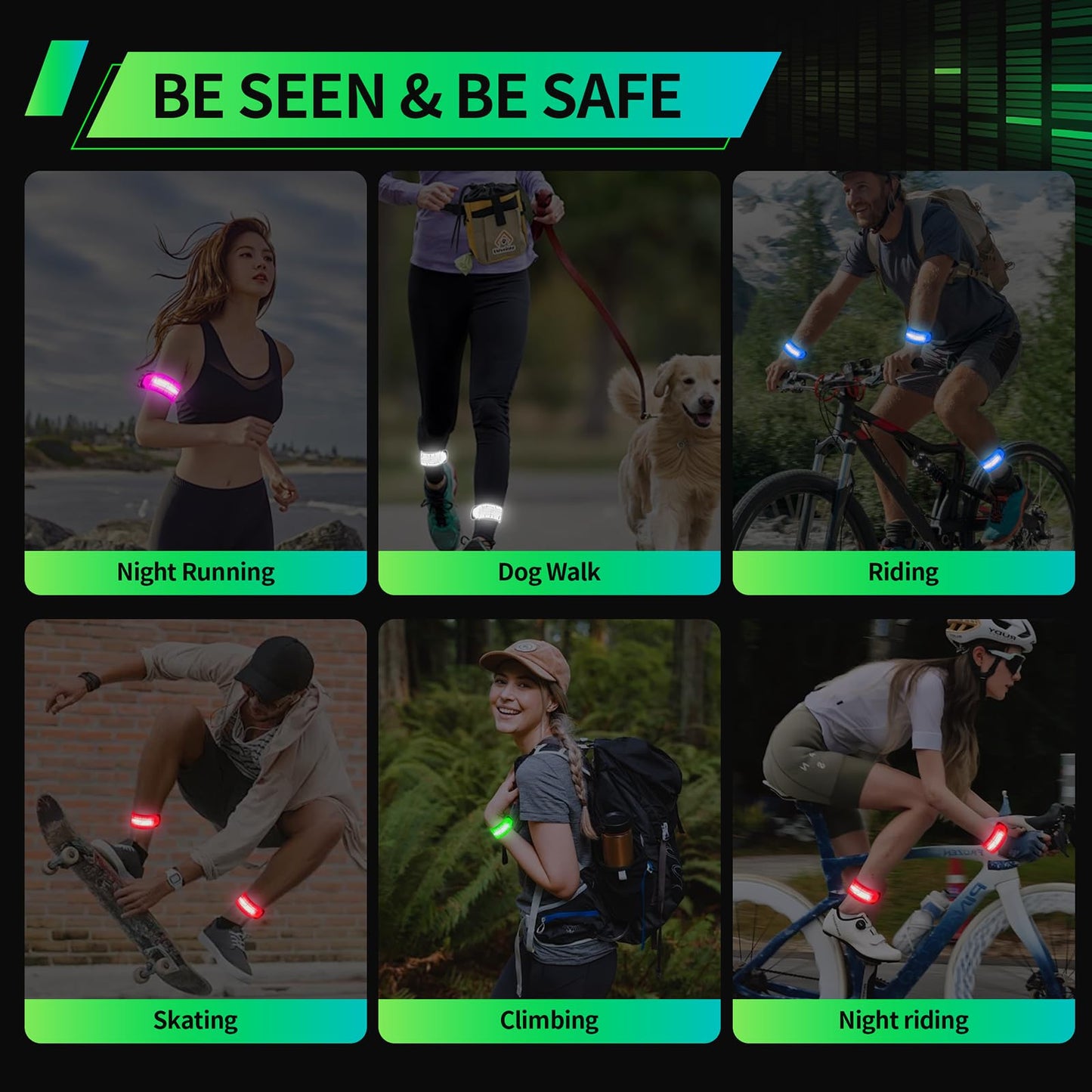 2PCS LED Armband for Running Walking at Night, High Visibility Reflective Running Gear Rechargeable LED Armband Light Up Arm Bands for Men Women Kids Night Cycling Walking Joggers Running Safety Gear