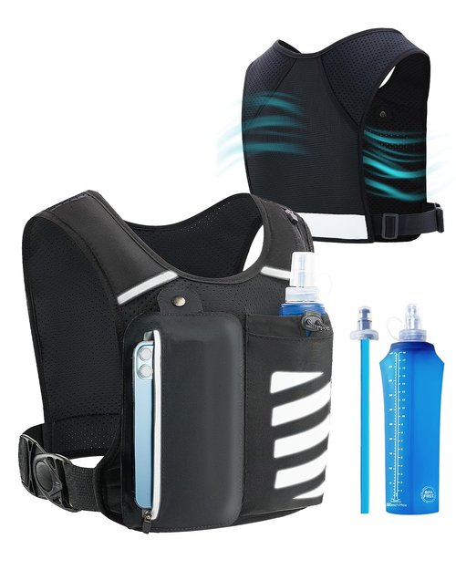 Reflective Running Vest with Water Bottle Phone Holder for Women/Men, Hydration Gear Back Pack/Backpack, Light Weight Chest Bag Run Essential Accessory for Marathon Runner Walking Trail Rucking, Black