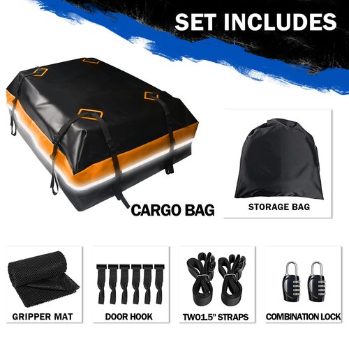 BOPARAUTO 21 Cubic Feet Car Rooftop Bag Waterproof Heavy Duty for All Cars Cargo Carrier Bag with/Without Rack Including Anti-Slip Mat 2 Luggage Locks 2 Extra Straps 6 Strong Nylon Straps Orange Bag