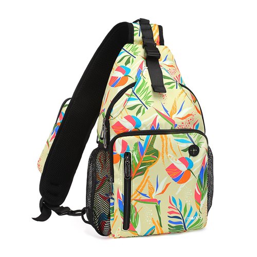 MOSISO Sling Backpack Bag, Crossbody Shoulder Bag Travel Hiking Daypack Colorful Art Plant Leaves Chest Bag with Front Square Pocket&USB Charging Port, Yellow