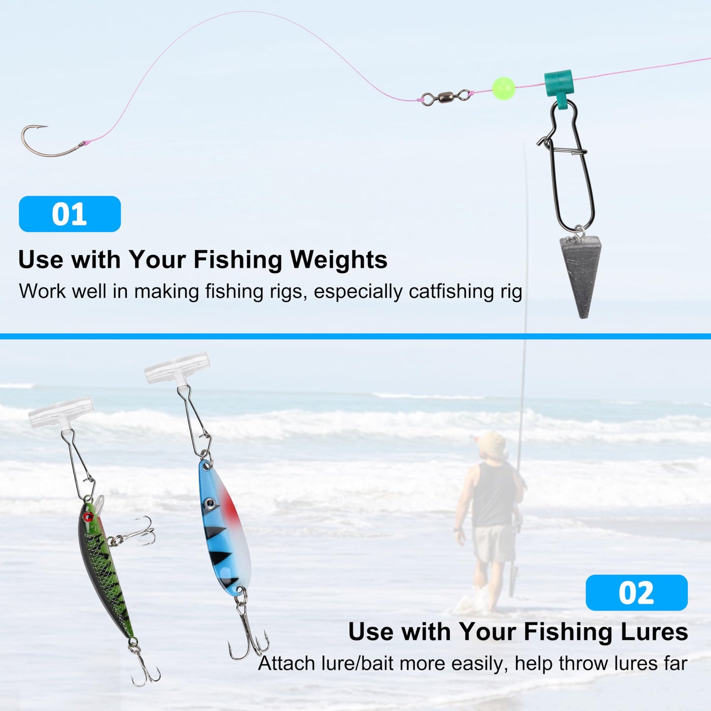 Fishing Line Sinker Slides, 70pcs Heavy Duty Sinker Slider with Stainless Steel Duo-Lock Snap Swivel Weights Connector for Catfishing Rig Tackle