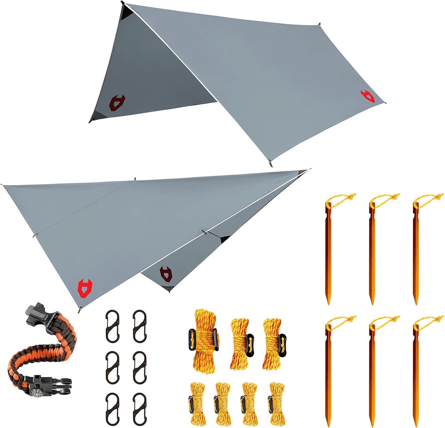 Rain Fly12x10 Lightweight Survival Camping Tarp; 100% Waterproof; Makes a Great Backpacking Tarp or Hammock Shelter; Comes in Multiple Colors, Survival Bracelet Included; Grey
