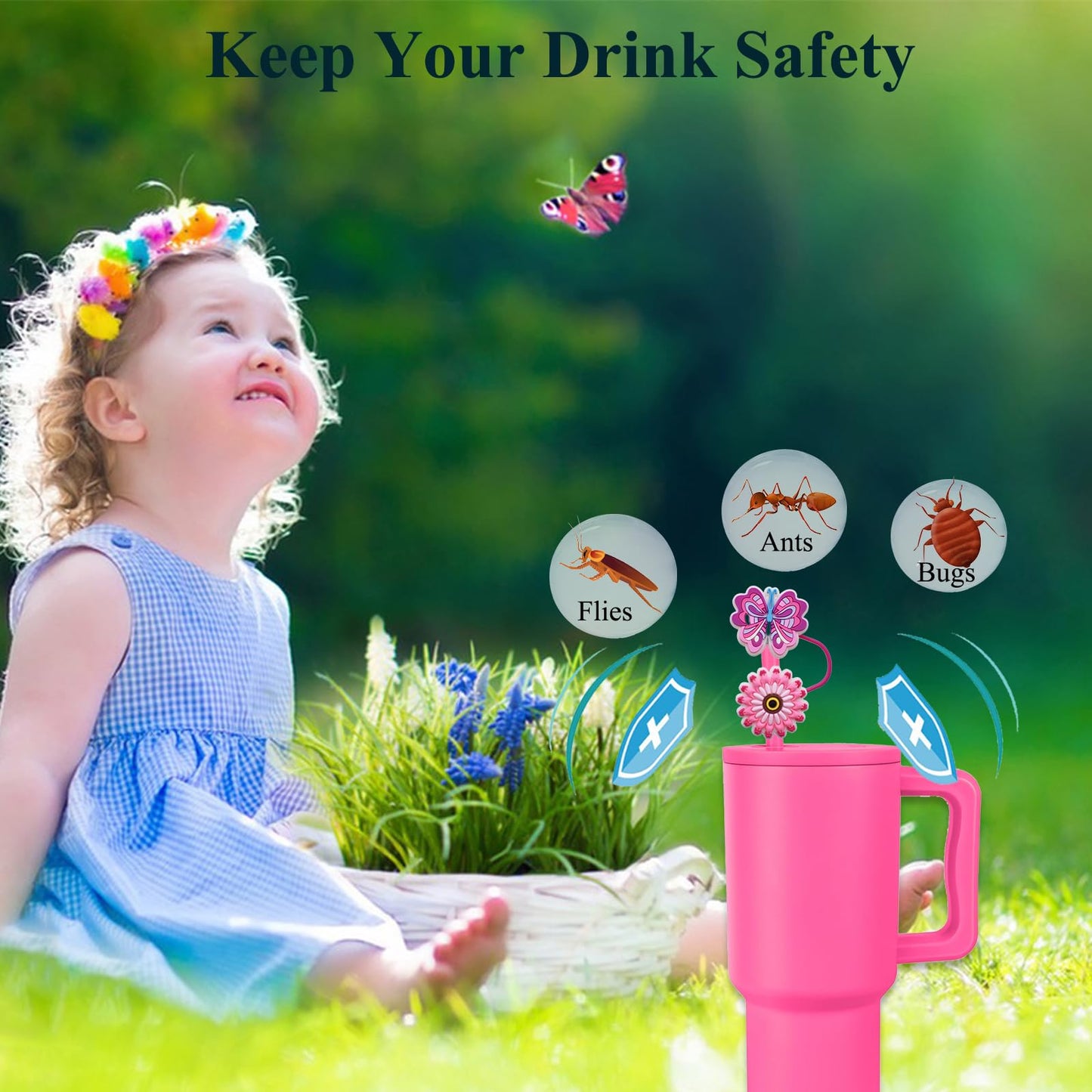 Amreich 8mm Butterfly Straw Cover - Cute Flower Design Straw Toppers for Simple Modern and Hydro Flask Tumblers Accessories