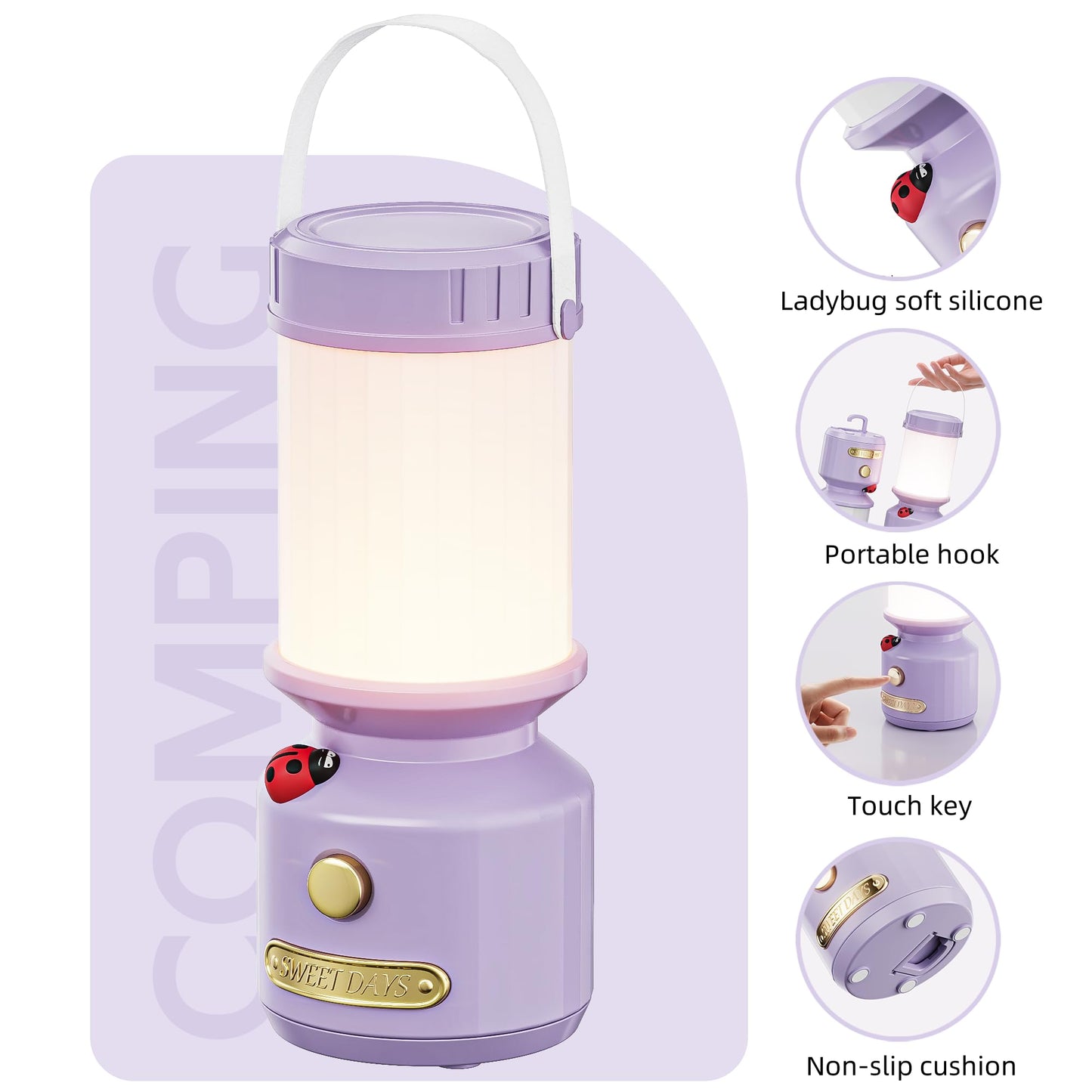 HOMY Ladybug Night Light for Kids, Retro 7-Star USB Rechargeable Camping Lantern, 3-Color Dimmable LED, Tent Hook & Handle, Safe Night Light for Outdoor/Kids Camping Essentials