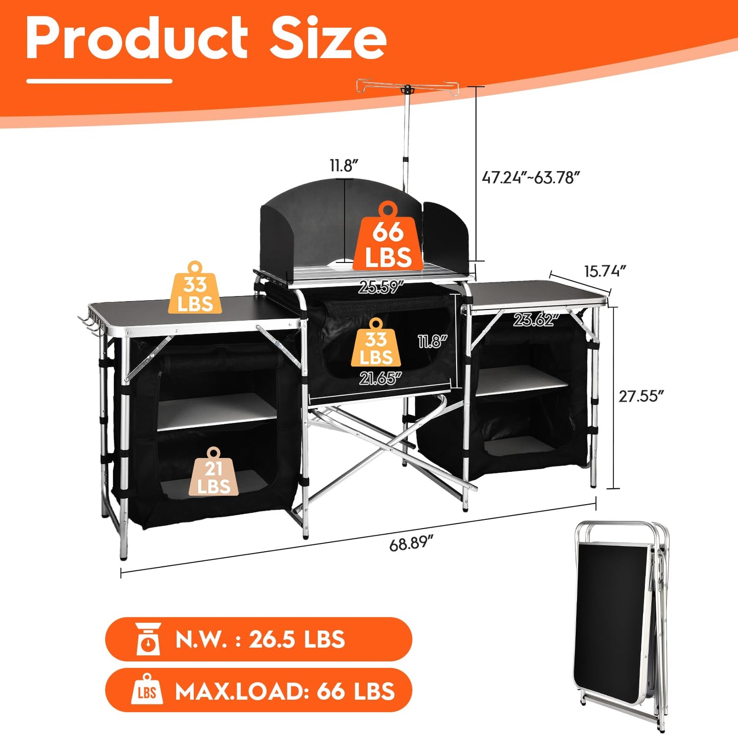 JOUYEK Cmaping KitchenTable, Aluminum Folding Camping Cook Station with Windshield, Upgrade Light Stand, Storage Bag, Quick Installation for Outdoor, Picnic, Cooking