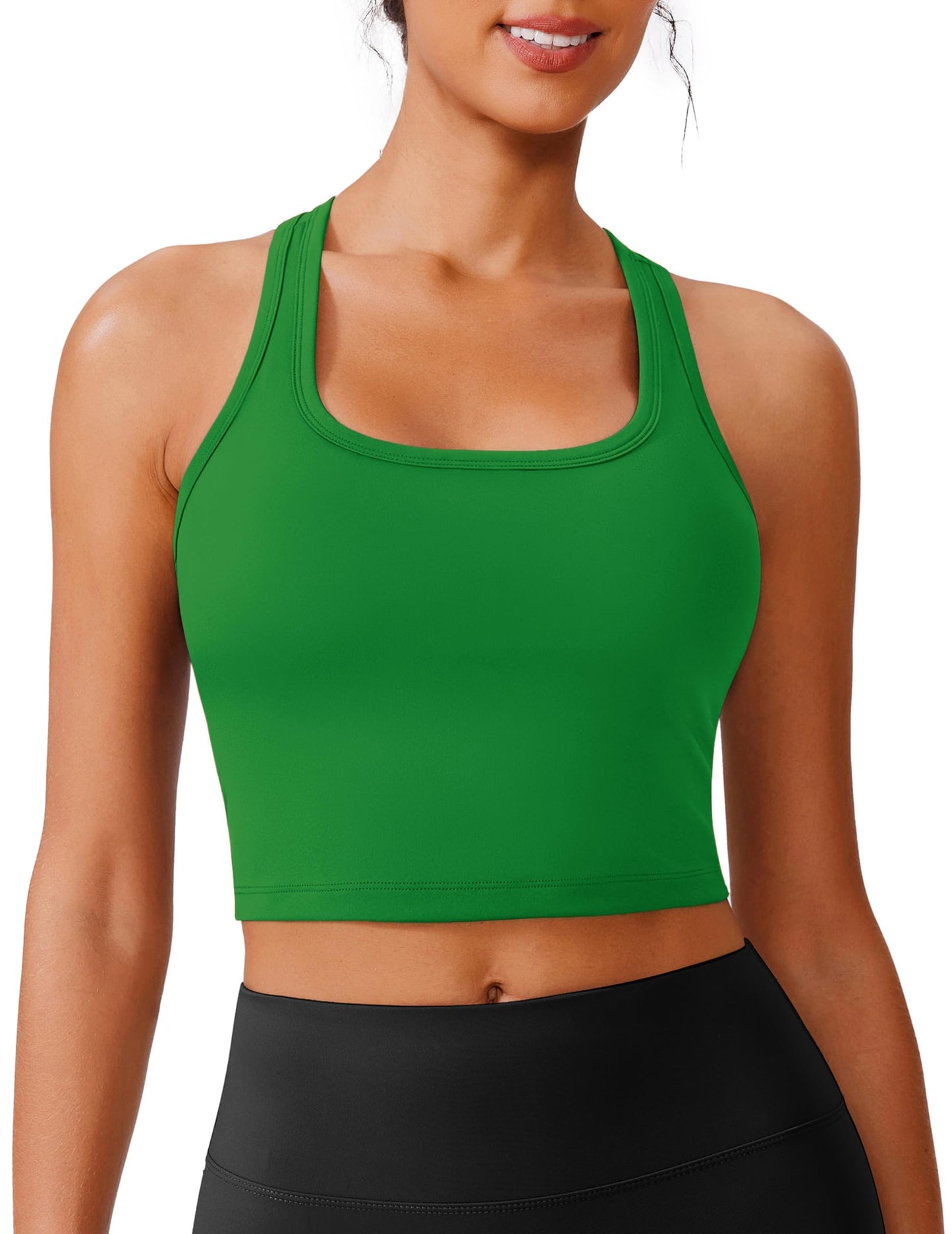 PINSPARK Sports Bras for Women Longline Workout Tops with Light Supportive Racerback Tank with Built in Bra Pilate Crop Top, Green Medium