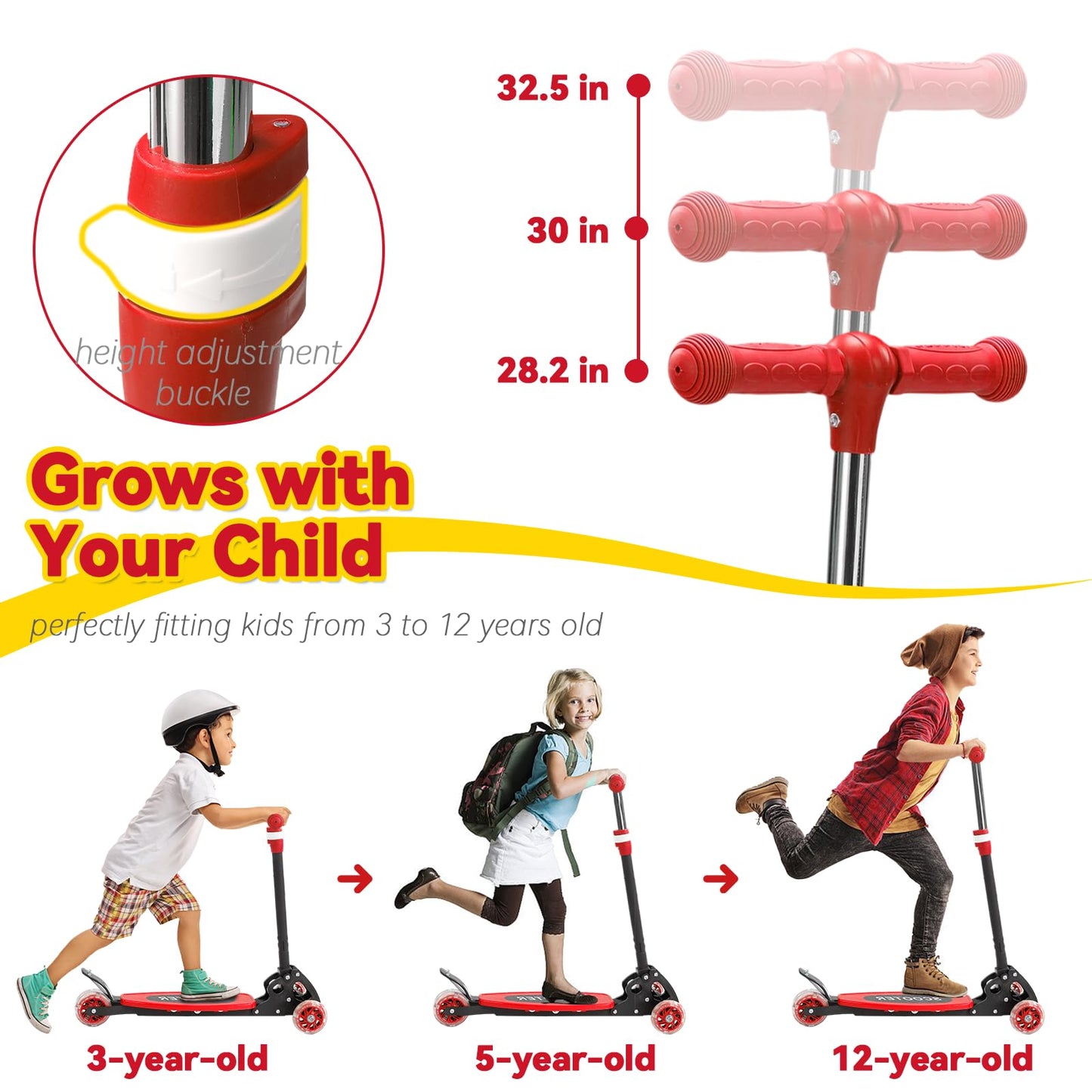 Scooter for Kids 3-12, Kid Scooters with Extra-Wide Deck, 165 lb Capacity, 3 Wheel Lean to Steer Kick Scooter and Height Adjustable Handlebar, Light Up Wheels for Stable Smooth Riding, Xmas Child Gift
