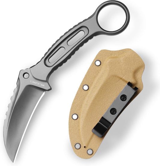 EDC Fixed Blade Knife with Sheath, Camping Knife Fixed Blade 3.3" DC53 Steel Outdoor Survival Blade Full Tang Hunting Knives for Men Women IB-01, Silver