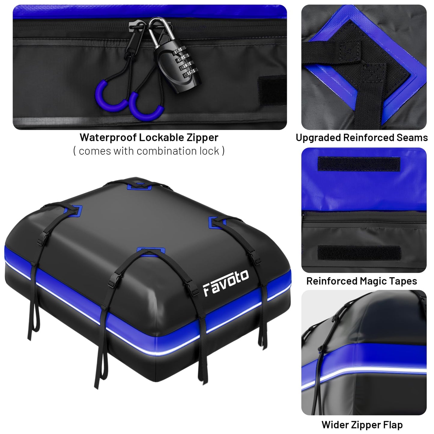 Favoto Car Roof Cargo Bag - 15 Cubic Feet Waterproof Carrier for Most Vehicles SUV/Sedan, 500D PVC Material with 8 Reinforced Straps & Anti-Slip Mat, Black & Orange, Black & Blue