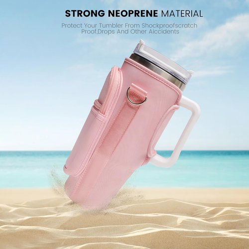DCLMALL Water Cup Holder Bag with Pocket for Stanley 40oz Tumbler with Handle,Water Cup Carrier for Hiking Travelling Camping with Adjustable Shoulder Strap for Stanley Cup Accessories (pink)