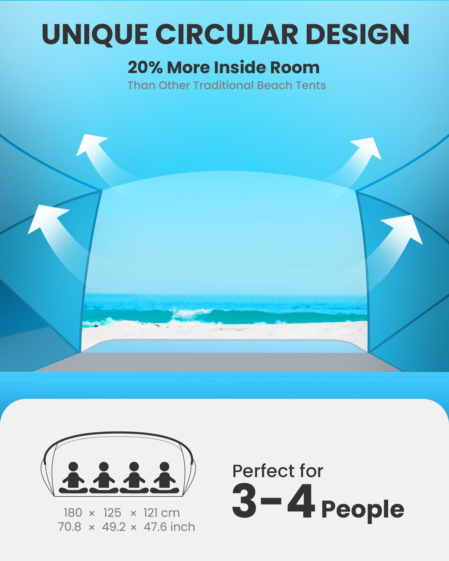 OutdoorMaster Beach Tent for 3-4 Person - Easy Setup and Portable Beach Shade Sun Shelter Canopy with UPF 50+ UV Protection Removable Skylight Family Size-Blue