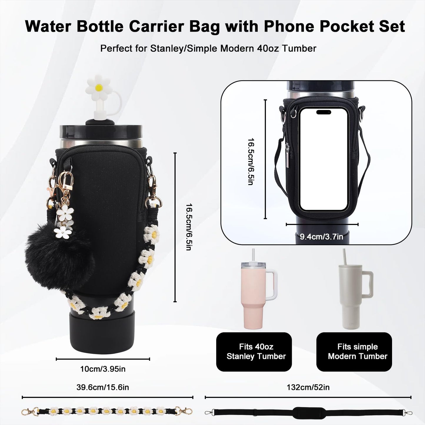 3tyto Stanley Cup Accessories Set Including Water Bottle Carrier Bag,Water Bottle Holder with Strap,Straw Cover, Charms,Silicone Boot for Stanley 40oz 30oz Tumbler (Black)