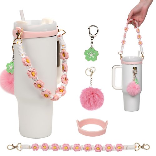 Wongeto Stanley Cup Accessories Set Including Water Bottle Handle Strap, Stanley Charms Cute Keychain for Stanley 30oz 40oz Tumbler Stanley Accessories- Woven Stanley Handle Strap(Pink)