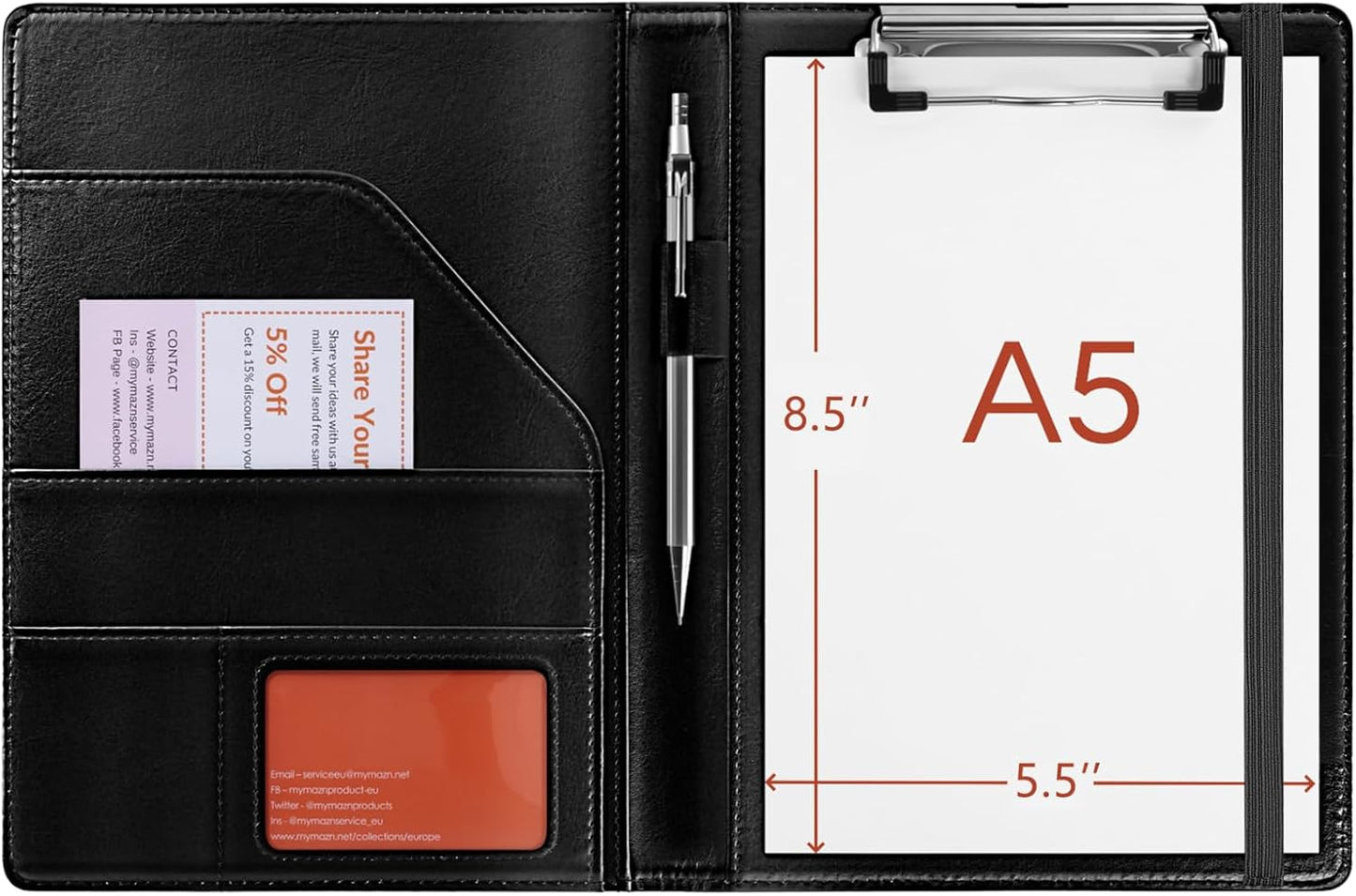 Small Clipboard Junior Padfolio Folio 7 x 9 Writing Pad Refillable, Mymazn Faux Leather Folder A5 for Notepad Legal pad 5 x 8 Junior Size Portfolio (Black)