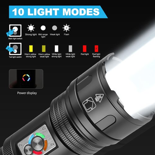 PINSAI Super Bright Rechargeable Large Flashlights, 2 in 1 Flash Light Lantern High Lumens, LED Zoomable Tactical Flashlights, Waterproof Multifunction Red Camping Light for Emergencies, Outdoor
