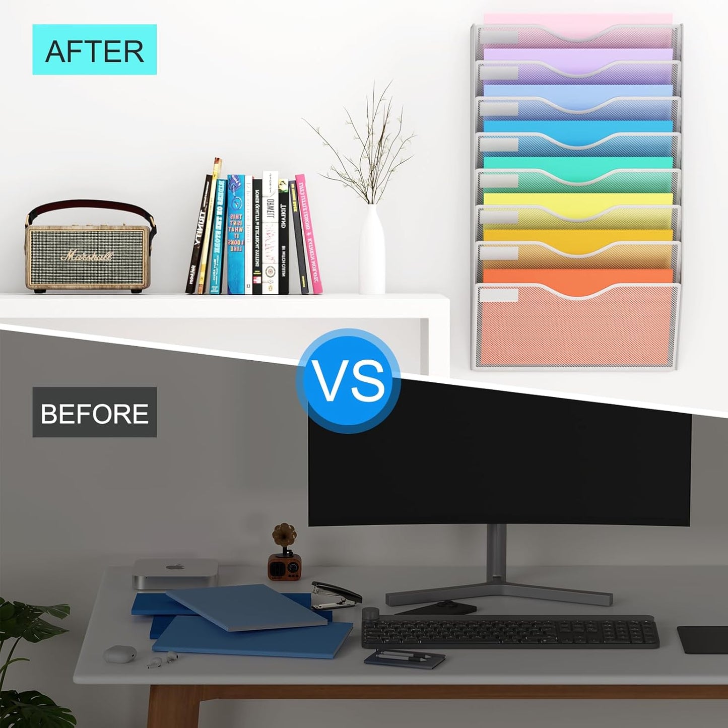 5 Pockets Mesh Hanging Wall File Holder Organizer Wall Mounted Paper Magazine Rack, Black