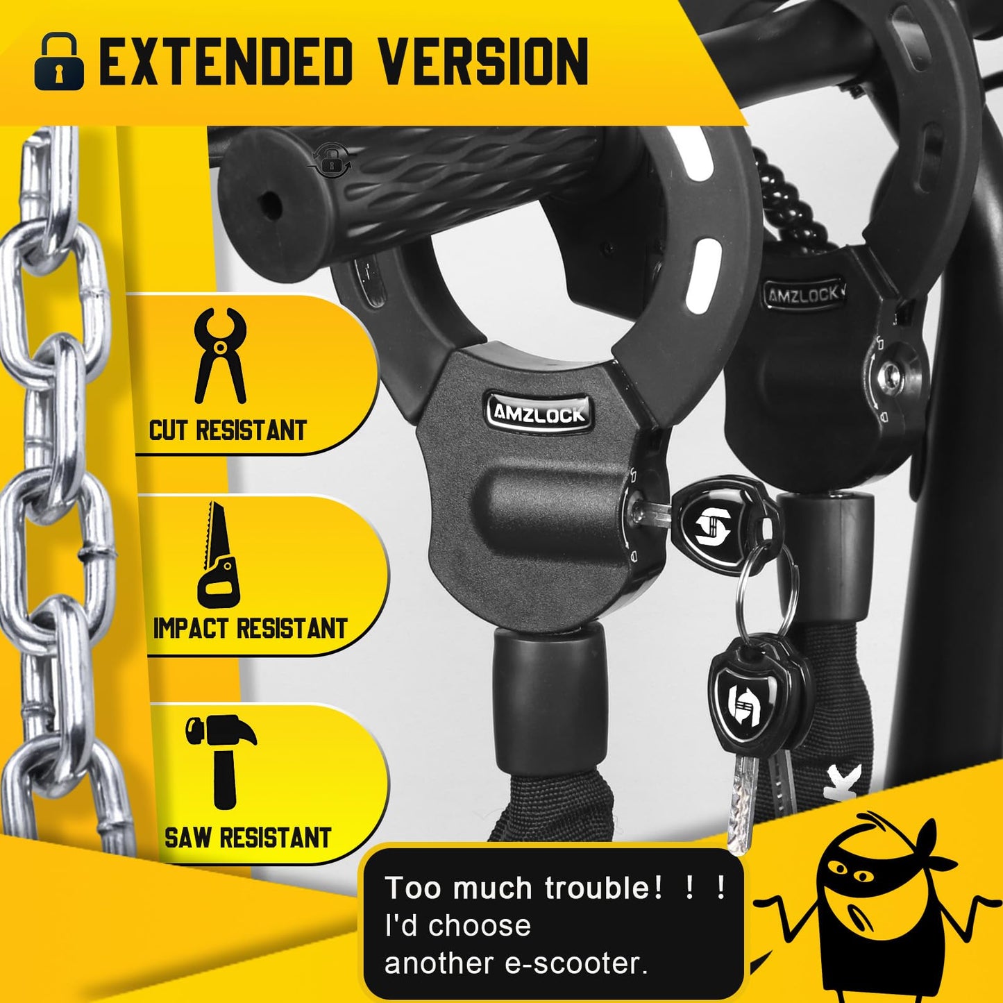 AMZLOCK Scooter Lock with Storage Bag, Electric Scooter Locks Anti Theft, Chain Lock 8 mm Thick, Bike Locks Heavy Duty, Electric Scooter Accessories for Scooter, Bike and Motorcycle