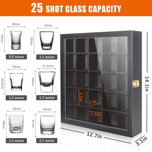 tutata Shot Glass Display Case, 25 Slots Shot Glass Holder with Door, Wall Mounted Shot Glass Storage Case, Black, TBCL07
